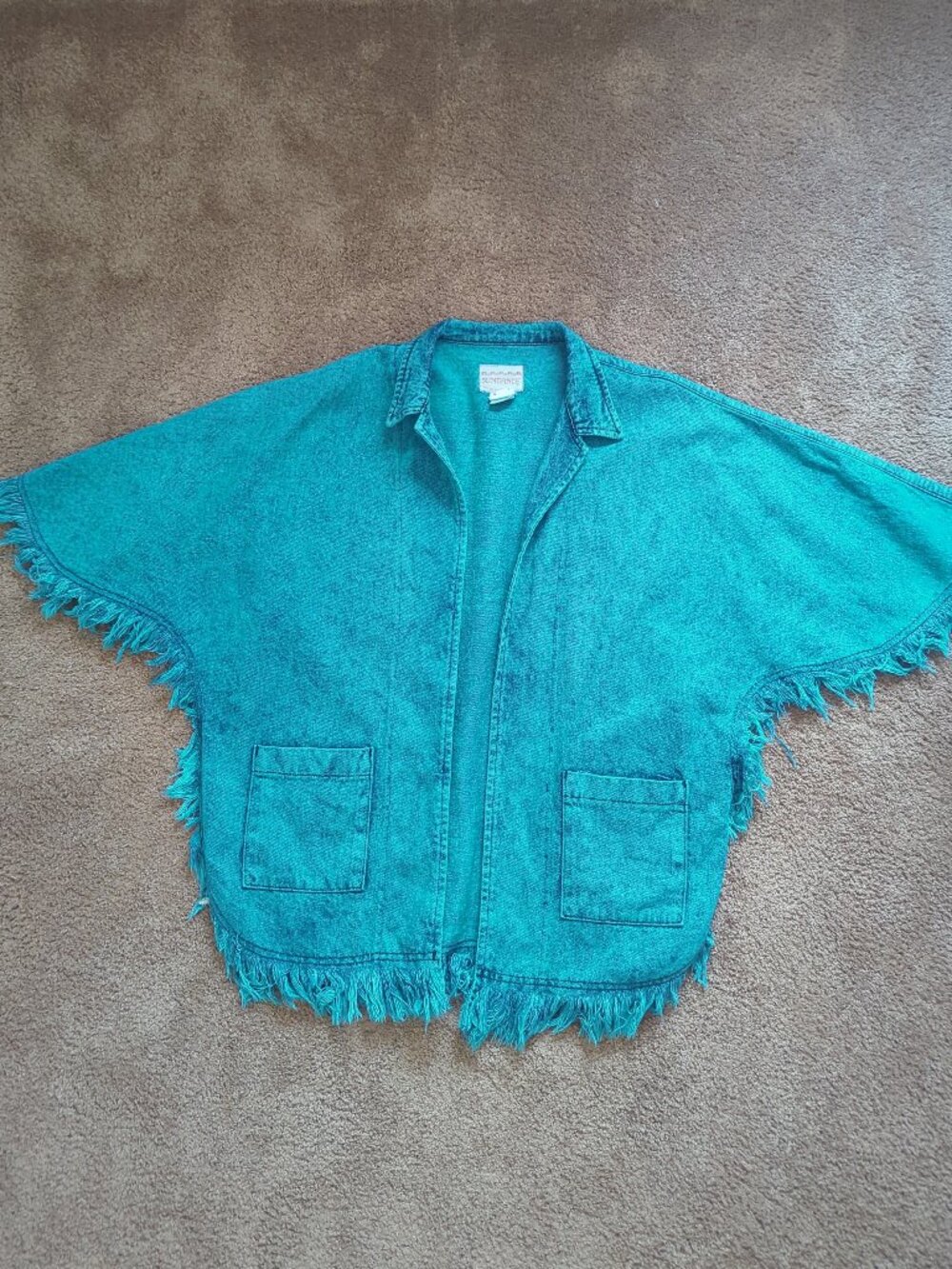 Vintage Sundance Denim Wear Teal Acid Wash Fringe Poncho Cape Jacket S USA Boho - Picture 3 of 13